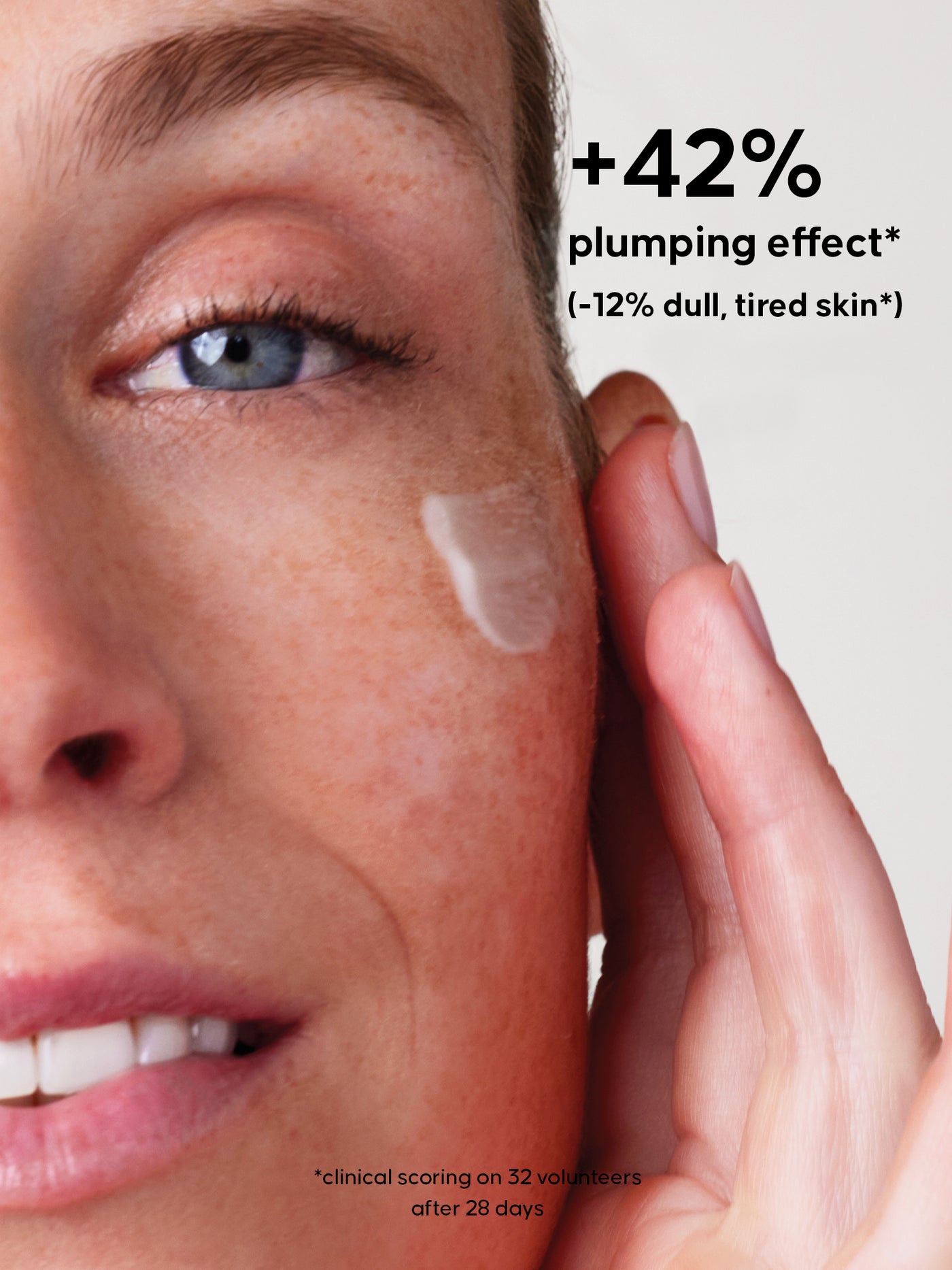 Close-up of a woman's face with skincare product application, showing plumping effect text. +42% plumping effect and -2% dull, tired skin.