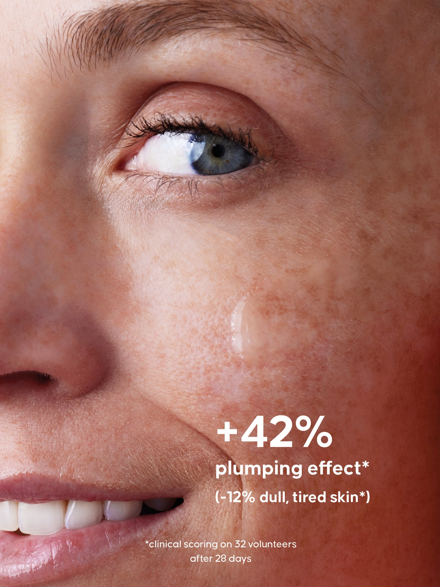 Close-up of a person's eye with text highlighting a 42% plumping effect on skin and -12% dull, tired skin.